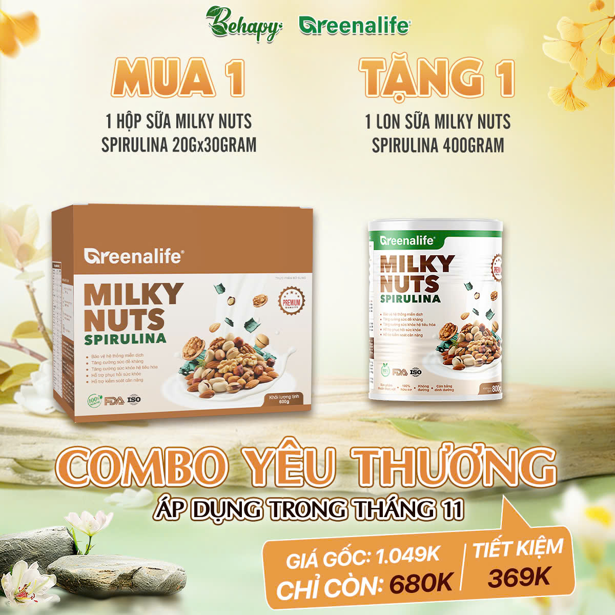 Combo Yêu Thương - Mua 1 Milky Nuts Spirulina (Hộp Carton 20 gói x 30 gram) Tặng Milky Nuts Spirulina (Lon 400 gram) 369k