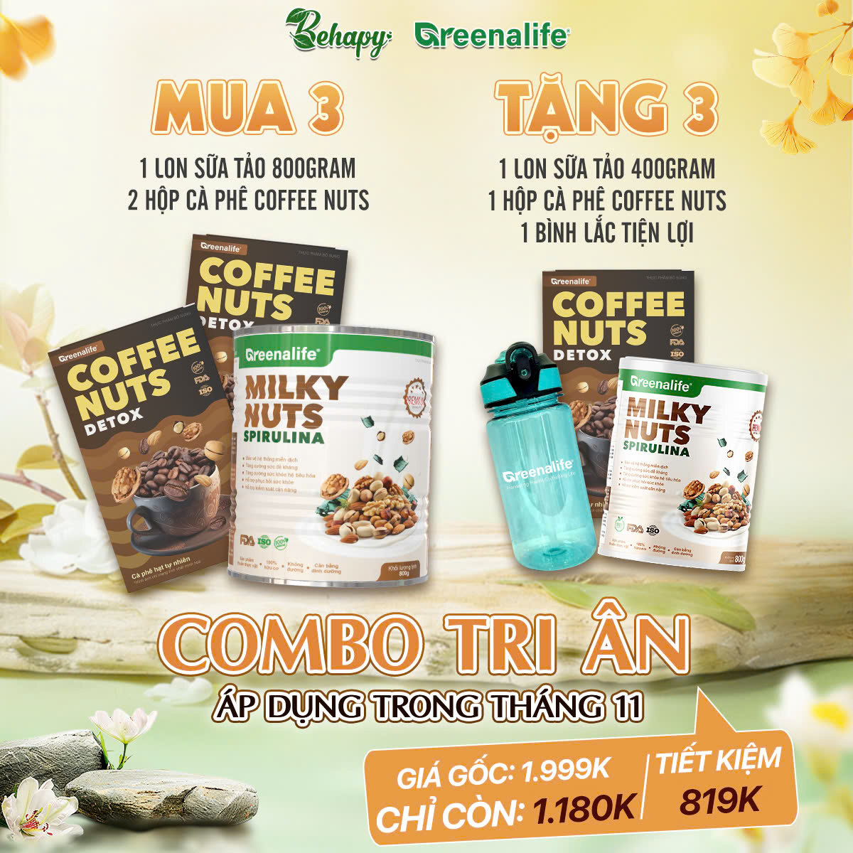 Combo Tri Ân- Mua 1 Milky Nuts Spirulina (Lon 800 gram) + 2 hộp Coffee Nuts Detox (10 gói 20gr) Tặng Milky Nuts Spirulina (Lon 400 gram) 369k+ 1 hộp coffee Nuts Detox 250k + 1 bình lắc Greenalife